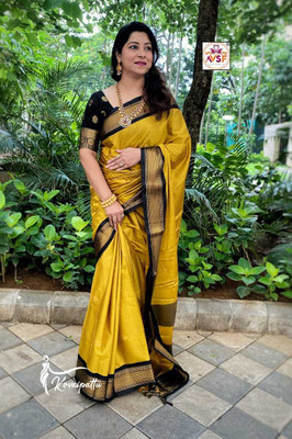 Aquiliq Woven, Temple Border Paithani Cotton Silk, Silk Blend Saree(Black)