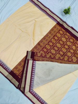 Sijileen Temple Border, Solid/Plain Sambalpuri Art Silk Saree(Cream)