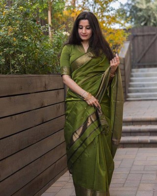 ANUVRATA Self Design, Solid/Plain Banarasi Jacquard Saree(Light Green)