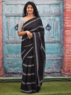 Sareemall Printed Daily Wear Cotton Blend Saree(Black)