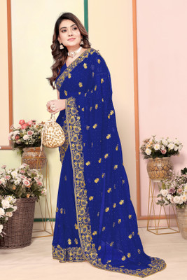 CHAMUNDA CREATION Embroidered Bollywood Georgette Saree(Blue)