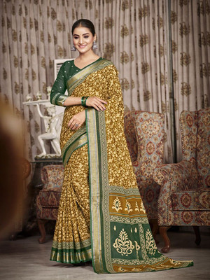 all about you Printed Daily Wear Silk Blend Saree(Mustard)