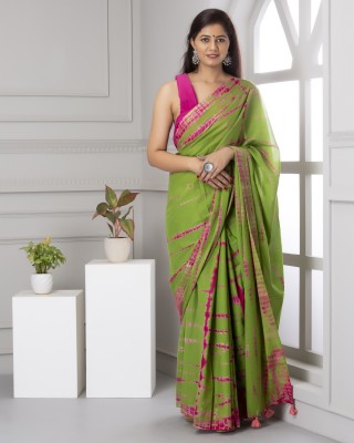 NIKHILAM Blocked Printed, Checkered, Printed, Dyed, Floral Print, Self Design, Digital Print Daily Wear Pure Cotton Saree(Green, Pink)