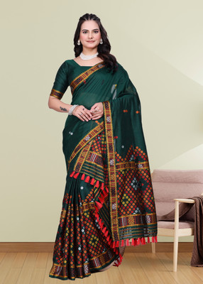 YASA CREATION Woven Mekhela Chador Cotton Blend Saree(Green)
