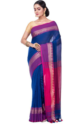 SLAGHA Self Design Handloom Cotton Blend Saree(Red, Blue)
