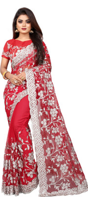 YARA CREATION Embroidered Bollywood Net Saree(Red)
