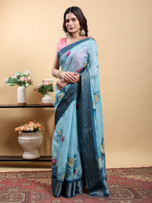 PK SAREES Printed Kalamkari Linen Saree(Light Blue)