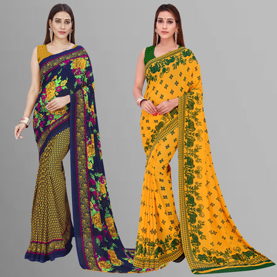 Anand Sarees Floral Print Daily Wear Georgette Saree(Pack of 2, Yellow, Blue, Multicolor)
