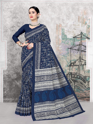 ETHNIC SAREES Bharat Printed Sambalpuri Pure Cotton Saree(Light Blue)