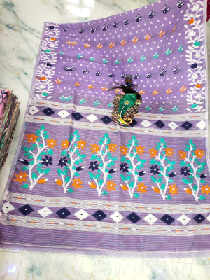 SAHA TEXTILE Self Design Jamdani Cotton Blend Saree(Purple)