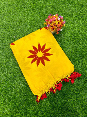 RenukaSaree Hand Painted Handloom Cotton Blend Saree(Yellow)