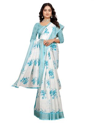 PRTRENDZ Printed Kanjivaram Pure Cotton, Cotton Linen Saree(White, Light Blue)