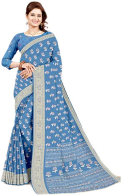 swakarika Floral Print Bollywood Silk Blend Saree(Blue)