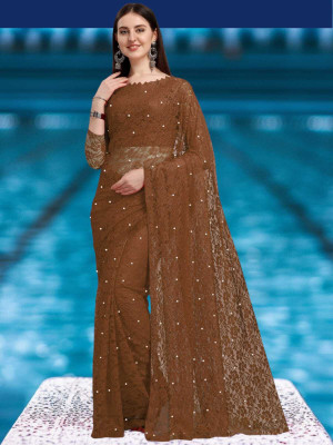 NORAFLEX Self Design Bollywood Net Saree(Brown)