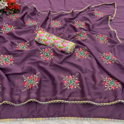Pemal Designer Embroidered Bollywood Georgette Saree(Purple)