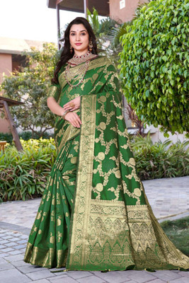 Wovenza Woven Bollywood Silk Blend Saree(Green)