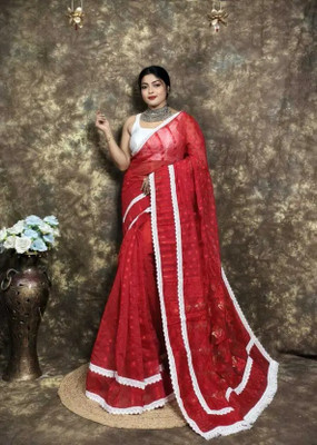 FASHIONIUM Woven Jamdani Cotton Silk Saree(Red)