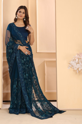 DWINIZAA STORE Embroidered Bollywood Net Saree(Blue)