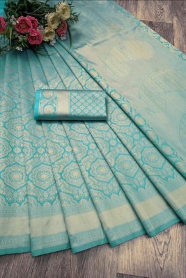 Miswa Woven Kanjivaram Cotton Linen, Linen Saree(Light Blue)