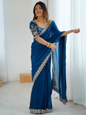 ANOUK Embellished Bollywood Satin Saree(Blue)