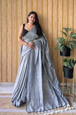 Bengal S Self Design Handloom Cotton Blend Saree(Grey)