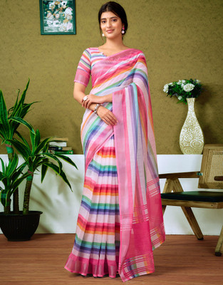 all about you Floral Print, Geometric Print, Embellished Bollywood Linen Saree(Multicolor)