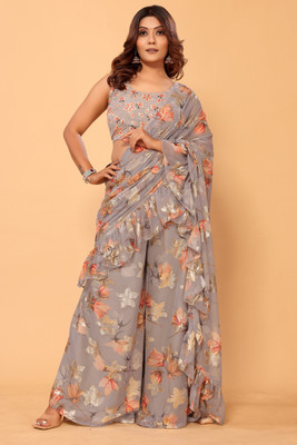 KANJIVARAM STYLE Digital Print Bollywood Georgette Saree(Grey)