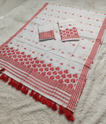 Skiran's Printed Assam Silk Cotton Blend Saree(Red, White)