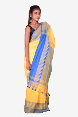 sdn Solid/Plain Narayanpet Cotton Blend Saree(Yellow)