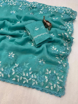 Ethina Fashion Embroidered Bollywood Jimmy choo Saree(Blue)