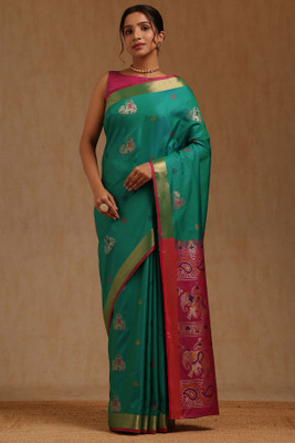 soch Woven Saree with Attached Blouse Silk Blend Saree(Green)