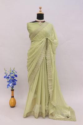 RELLAXAWAVES Applique Bollywood Lycra Blend Saree(Green)