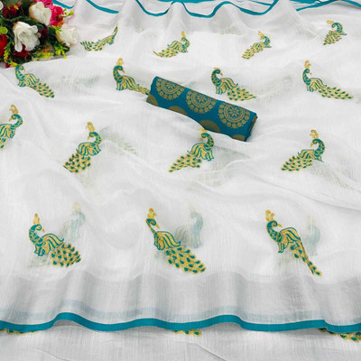 KRIVITY Embroidered Chanderi Cotton Linen Saree(Light Green, White)