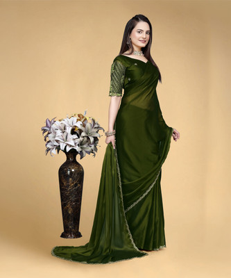 V AMAN FASHION Solid/Plain, Self Design Bollywood Silk Blend Saree(Dark Green)