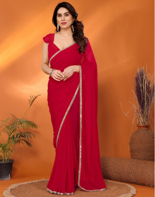 Satrani Solid/Plain Bollywood Lace, Georgette Saree(Red)