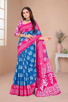 JENNY Printed, Floral Print, Geometric Print Daily Wear Pure Cotton Saree(Pink, Blue)