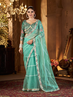 Tasrika Embroidered Bollywood Net Saree(Blue)