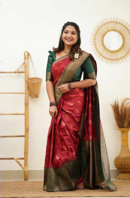 Miren Self Design Banarasi Jacquard Saree(Red)
