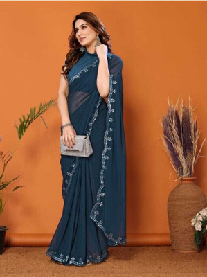 DURGACREATION Solid/Plain Bollywood Georgette Saree(Dark Blue)