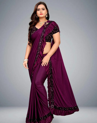miracletex Embroidered Bollywood Lycra Blend Saree(Purple)