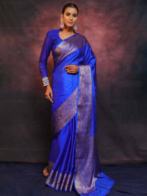 HB VENTURE Temple Border Banarasi Pure Silk Saree(Blue)