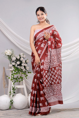 Om Traders Printed Saree with Attached Blouse Cotton Silk Saree(Maroon, White)
