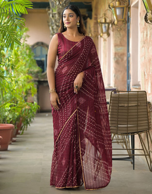 all about you Printed Bandhani Georgette Saree(Maroon)