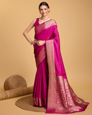 Fabrihub Solid/Plain, Embroidered Banarasi Pure Silk Saree(Pink)