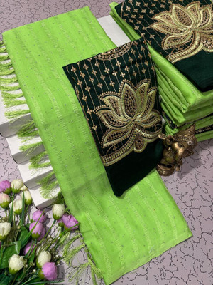 Pfancy silk Embellished, Embroidered, Floral Print, Striped, Self Design, Woven Kanjivaram Polyester Saree(Green)