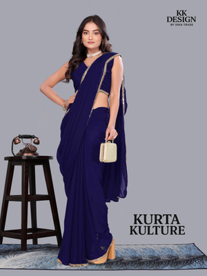 KURTAKULTURE Solid/Plain, Embellished Bollywood Georgette Saree(Dark Blue)