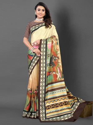 Divastri Printed Bollywood Silk Blend Saree(Beige)