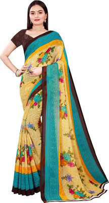 Saadhvi Floral Print Daily Wear Georgette Saree(Blue, Yellow)