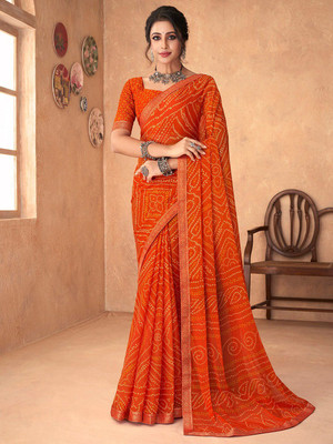ANOUK Printed Bandhani Chiffon Saree(Orange)