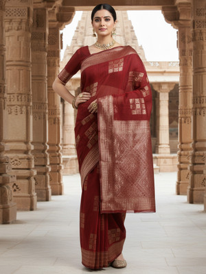 Sareemall Woven Banarasi Linen Saree(Brown, Gold)